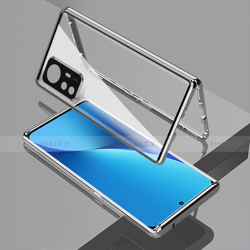 Handyhülle Hülle Luxus Aluminium Metall Rahmen Spiegel 360 Grad Ganzkörper Tasche M01 für Xiaomi Mi 12 5G Silber Plus