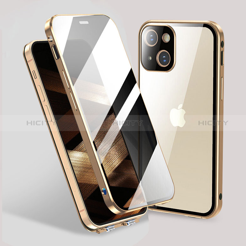 Handyhülle Hülle Luxus Aluminium Metall Rahmen Spiegel 360 Grad Ganzkörper Tasche M02 für Apple iPhone 15 Gold Plus