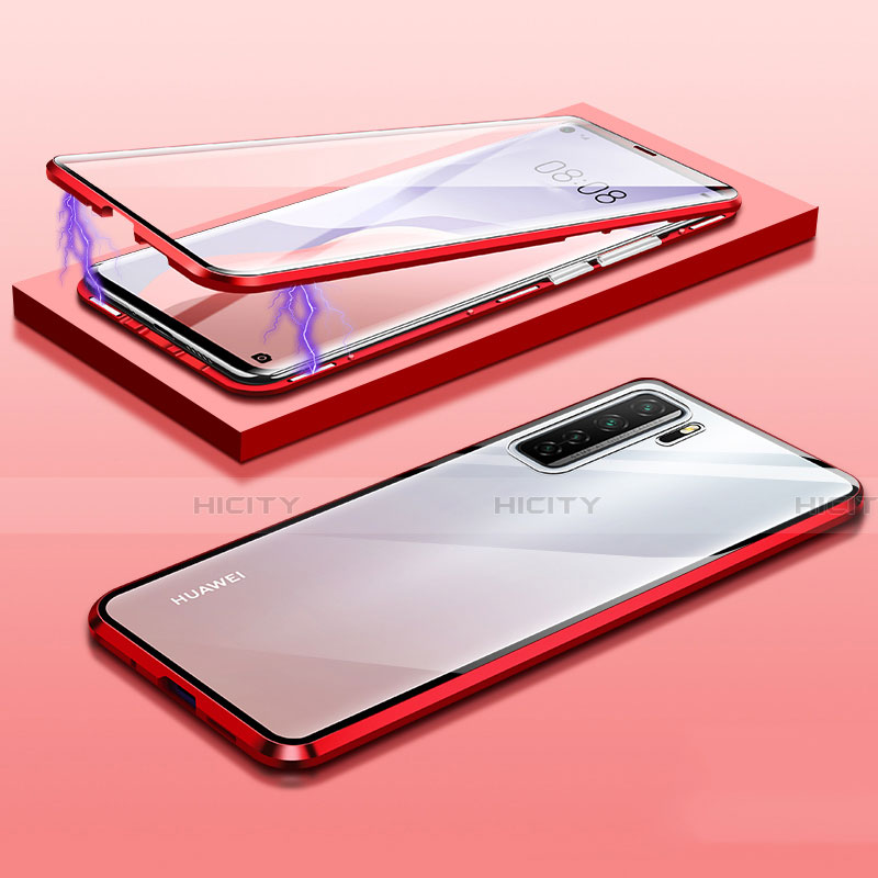 Handyhülle Hülle Luxus Aluminium Metall Rahmen Spiegel 360 Grad Ganzkörper Tasche M02 für Huawei Nova 7 SE 5G Rot Plus