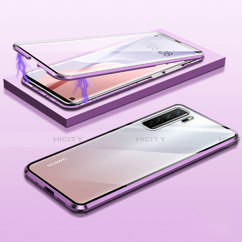 Handyhülle Hülle Luxus Aluminium Metall Rahmen Spiegel 360 Grad Ganzkörper Tasche M02 für Huawei Nova 7 SE 5G Violett