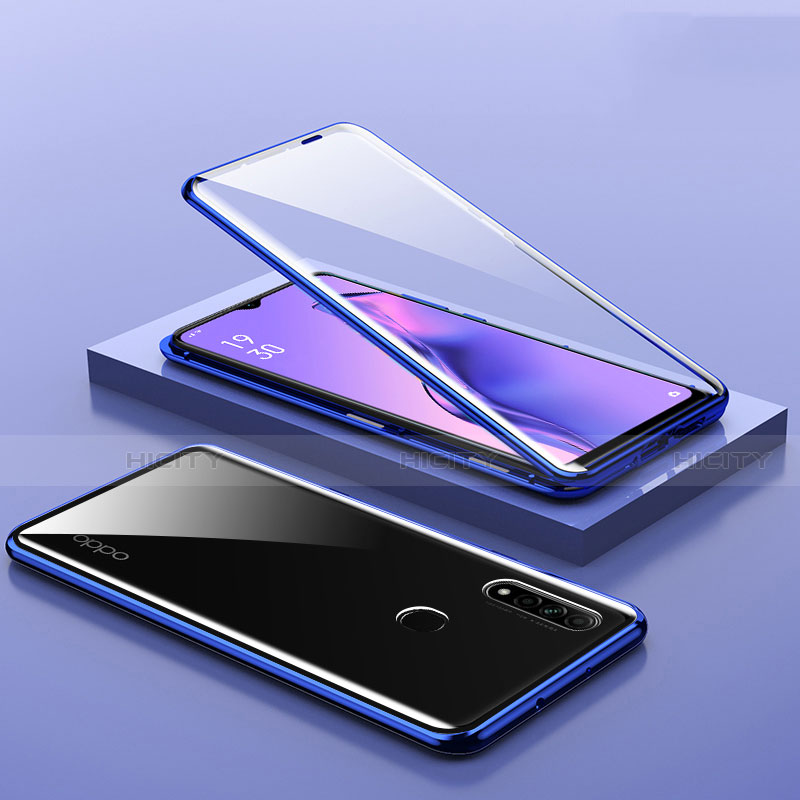 Handyhülle Hülle Luxus Aluminium Metall Rahmen Spiegel 360 Grad Ganzkörper Tasche M02 für Oppo A8 Blau