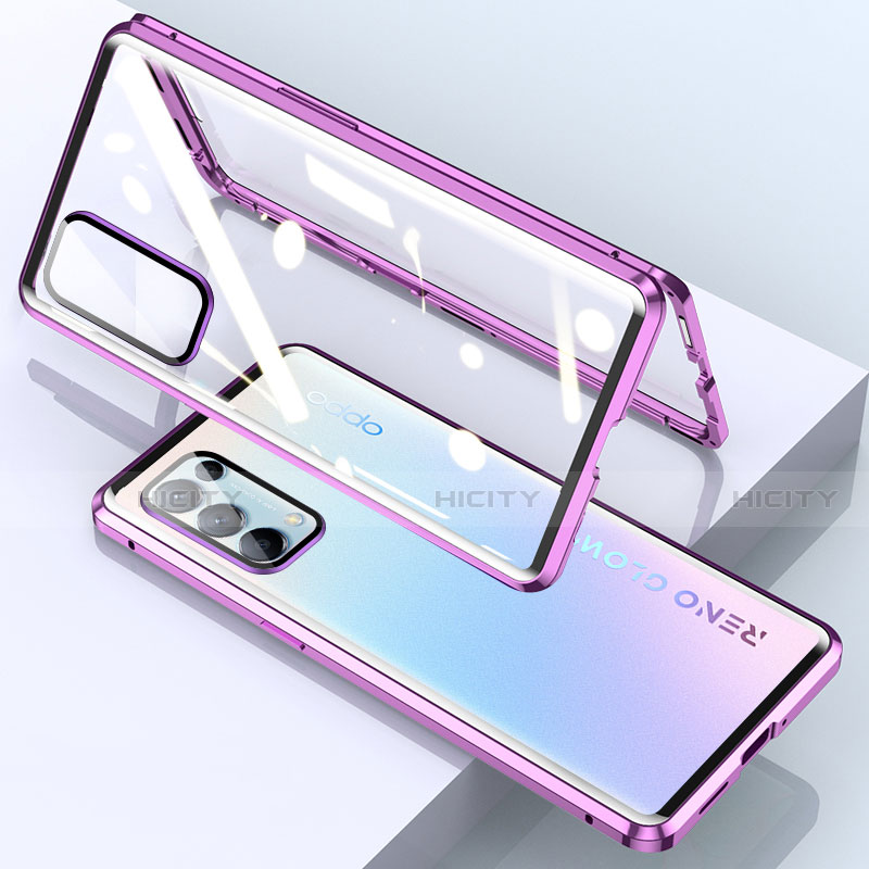 Handyhülle Hülle Luxus Aluminium Metall Rahmen Spiegel 360 Grad Ganzkörper Tasche M02 für Oppo Reno5 Pro 5G Violett