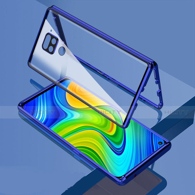 Handyhülle Hülle Luxus Aluminium Metall Rahmen Spiegel 360 Grad Ganzkörper Tasche M02 für Xiaomi Redmi Note 9 Blau Plus