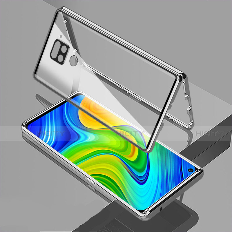 Handyhülle Hülle Luxus Aluminium Metall Rahmen Spiegel 360 Grad Ganzkörper Tasche M02 für Xiaomi Redmi Note 9 Silber Plus