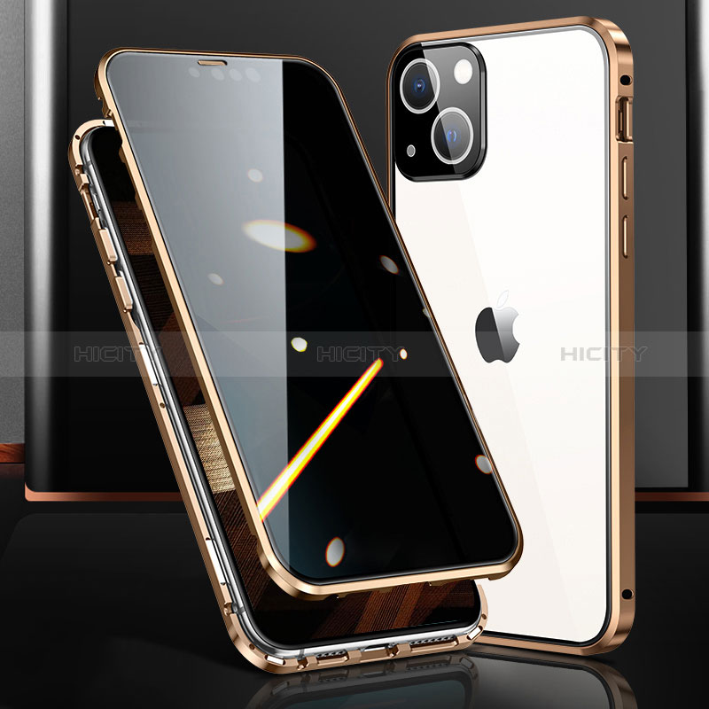 Handyhülle Hülle Luxus Aluminium Metall Rahmen Spiegel 360 Grad Ganzkörper Tasche M03 für Apple iPhone 15 Gold Plus