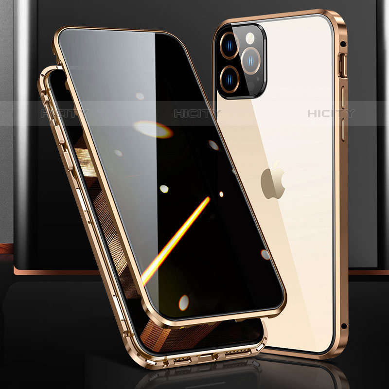 Handyhülle Hülle Luxus Aluminium Metall Rahmen Spiegel 360 Grad Ganzkörper Tasche M03 für Apple iPhone 15 Pro Gold Plus