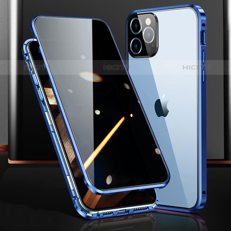 Handyhülle Hülle Luxus Aluminium Metall Rahmen Spiegel 360 Grad Ganzkörper Tasche M03 für Apple iPhone 16 Pro Blau