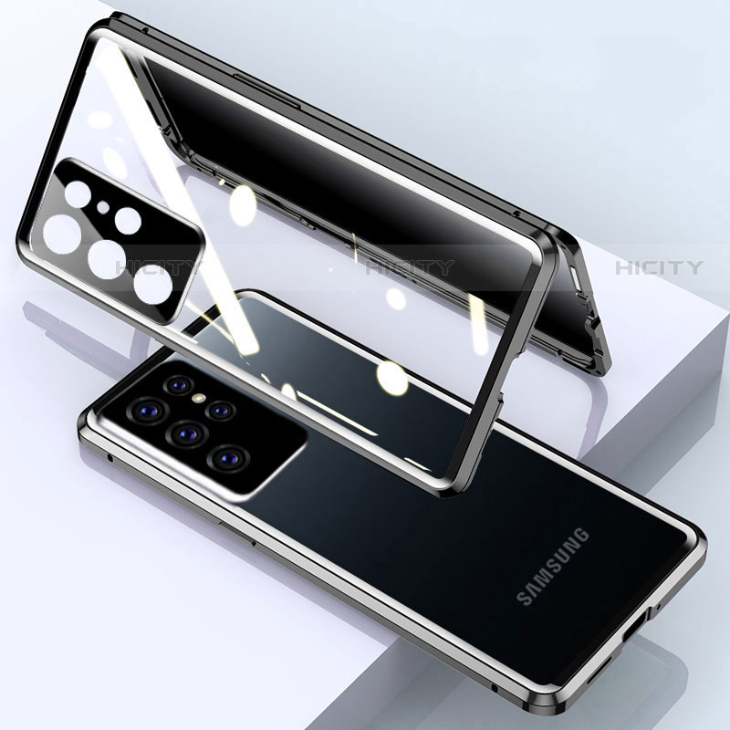 Handyhülle Hülle Luxus Aluminium Metall Rahmen Spiegel 360 Grad Ganzkörper Tasche M03 für Samsung Galaxy S21 Ultra 5G Schwarz