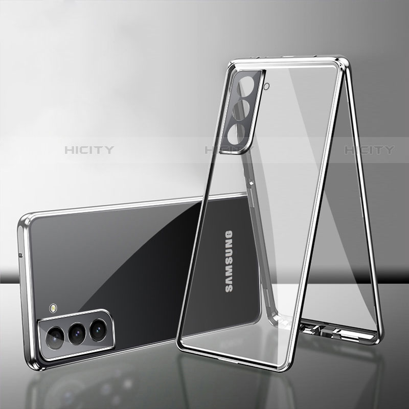 Handyhülle Hülle Luxus Aluminium Metall Rahmen Spiegel 360 Grad Ganzkörper Tasche M03 für Samsung Galaxy S22 5G Silber Plus