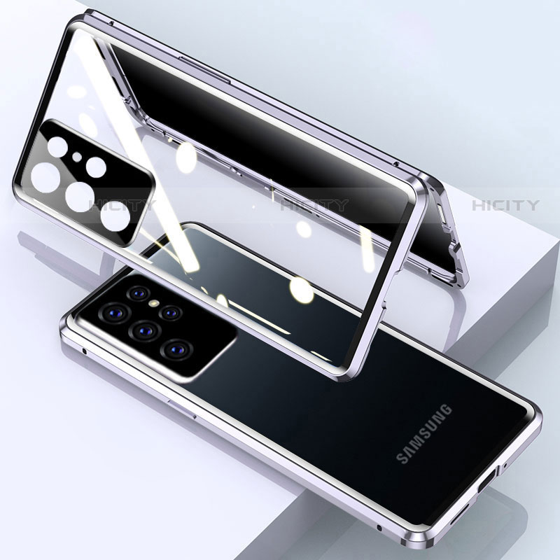 Handyhülle Hülle Luxus Aluminium Metall Rahmen Spiegel 360 Grad Ganzkörper Tasche M03 für Samsung Galaxy S23 Ultra 5G Silber