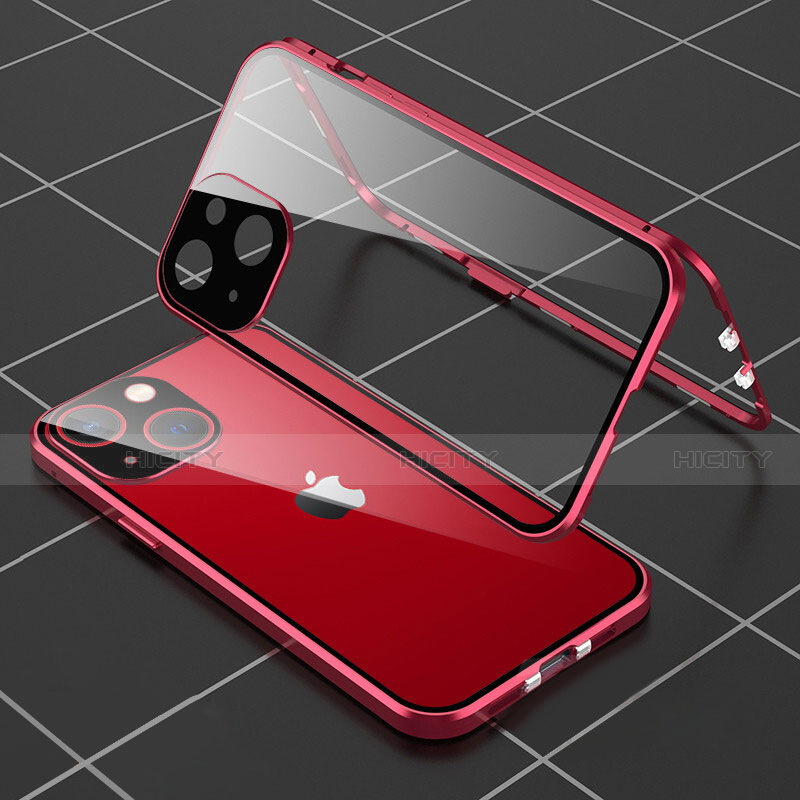 Handyhülle Hülle Luxus Aluminium Metall Rahmen Spiegel 360 Grad Ganzkörper Tasche M04 für Apple iPhone 13 Mini Rot