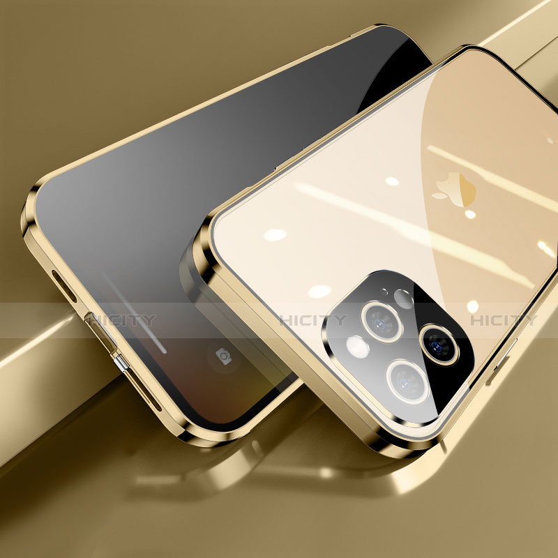 Handyhülle Hülle Luxus Aluminium Metall Rahmen Spiegel 360 Grad Ganzkörper Tasche M04 für Apple iPhone 13 Pro Max Gold Plus