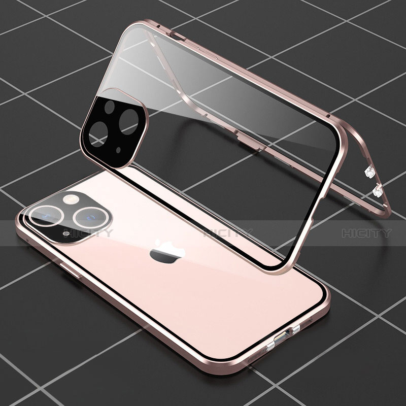 Handyhülle Hülle Luxus Aluminium Metall Rahmen Spiegel 360 Grad Ganzkörper Tasche M04 für Apple iPhone 14 Plus Rosegold Plus