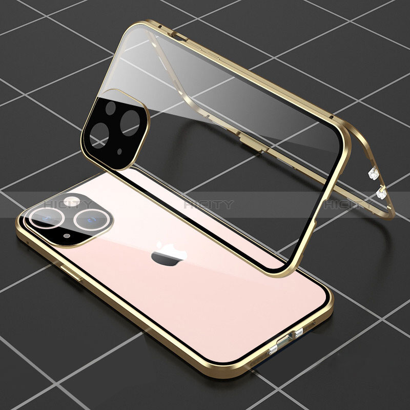 Handyhülle Hülle Luxus Aluminium Metall Rahmen Spiegel 360 Grad Ganzkörper Tasche M04 für Apple iPhone 15 Gold Plus