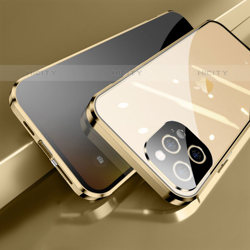 Handyhülle Hülle Luxus Aluminium Metall Rahmen Spiegel 360 Grad Ganzkörper Tasche M04 für Apple iPhone 15 Pro Gold Plus