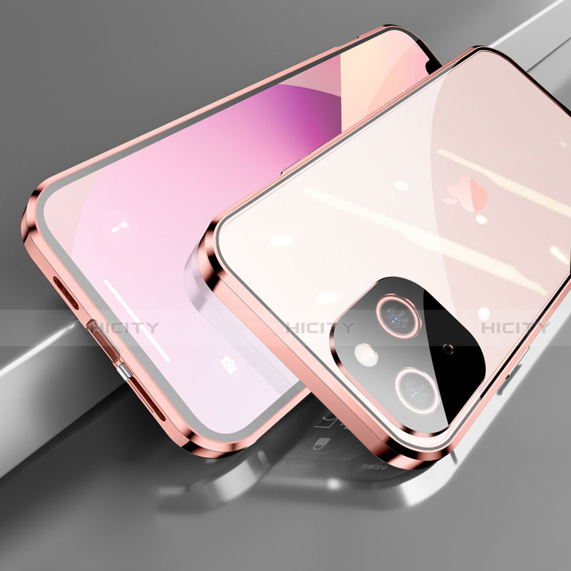 Handyhülle Hülle Luxus Aluminium Metall Rahmen Spiegel 360 Grad Ganzkörper Tasche M05 für Apple iPhone 13 Mini Rosegold