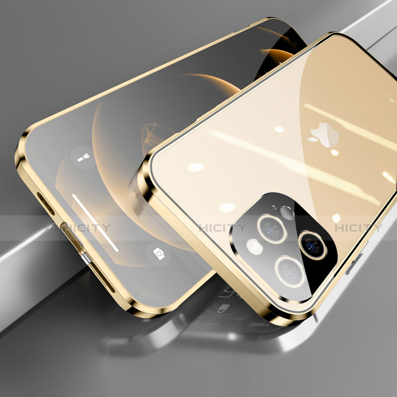 Handyhülle Hülle Luxus Aluminium Metall Rahmen Spiegel 360 Grad Ganzkörper Tasche M05 für Apple iPhone 13 Pro Gold