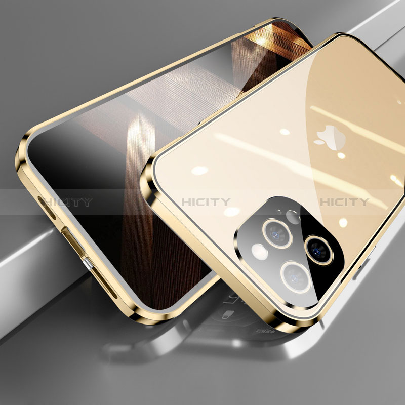 Handyhülle Hülle Luxus Aluminium Metall Rahmen Spiegel 360 Grad Ganzkörper Tasche M05 für Apple iPhone 14 Pro Gold