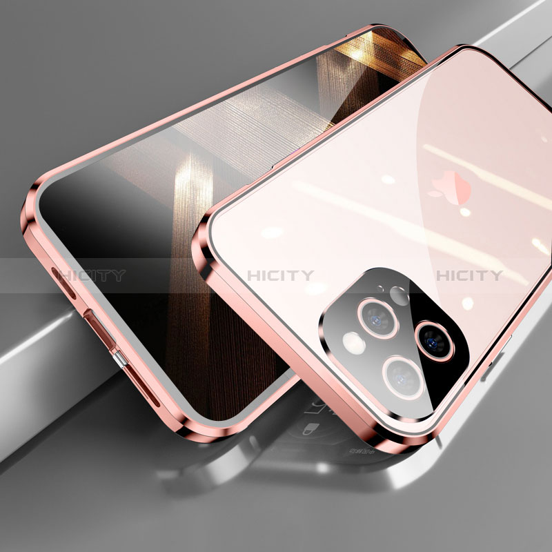 Handyhülle Hülle Luxus Aluminium Metall Rahmen Spiegel 360 Grad Ganzkörper Tasche M05 für Apple iPhone 14 Pro Max Rosegold Plus