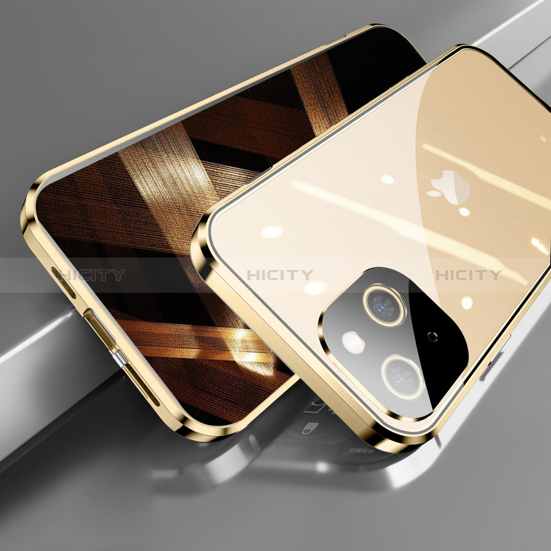 Handyhülle Hülle Luxus Aluminium Metall Rahmen Spiegel 360 Grad Ganzkörper Tasche M05 für Apple iPhone 15 Gold Plus