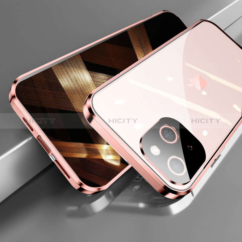 Handyhülle Hülle Luxus Aluminium Metall Rahmen Spiegel 360 Grad Ganzkörper Tasche M05 für Apple iPhone 15 Plus Rosegold