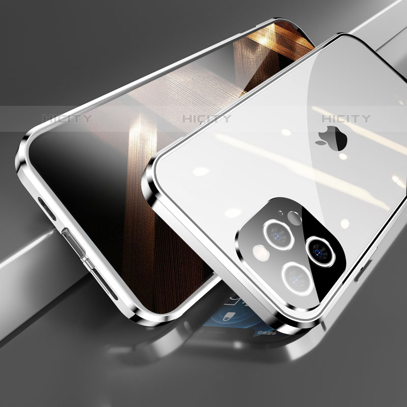 Handyhülle Hülle Luxus Aluminium Metall Rahmen Spiegel 360 Grad Ganzkörper Tasche M05 für Apple iPhone 15 Pro Silber Plus