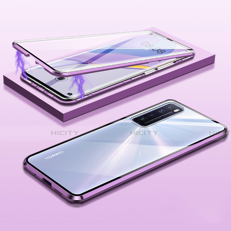 Handyhülle Hülle Luxus Aluminium Metall Rahmen Spiegel 360 Grad Ganzkörper Tasche M05 für Huawei Nova 7 5G Violett Plus