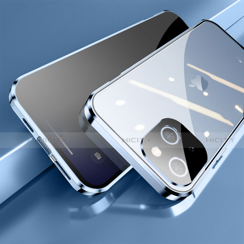 Handyhülle Hülle Luxus Aluminium Metall Rahmen Spiegel 360 Grad Ganzkörper Tasche M06 für Apple iPhone 13 Blau