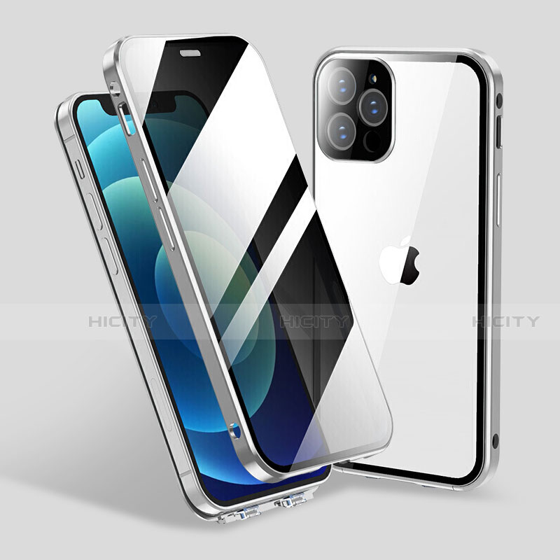 Handyhülle Hülle Luxus Aluminium Metall Rahmen Spiegel 360 Grad Ganzkörper Tasche M06 für Apple iPhone 13 Pro Silber
