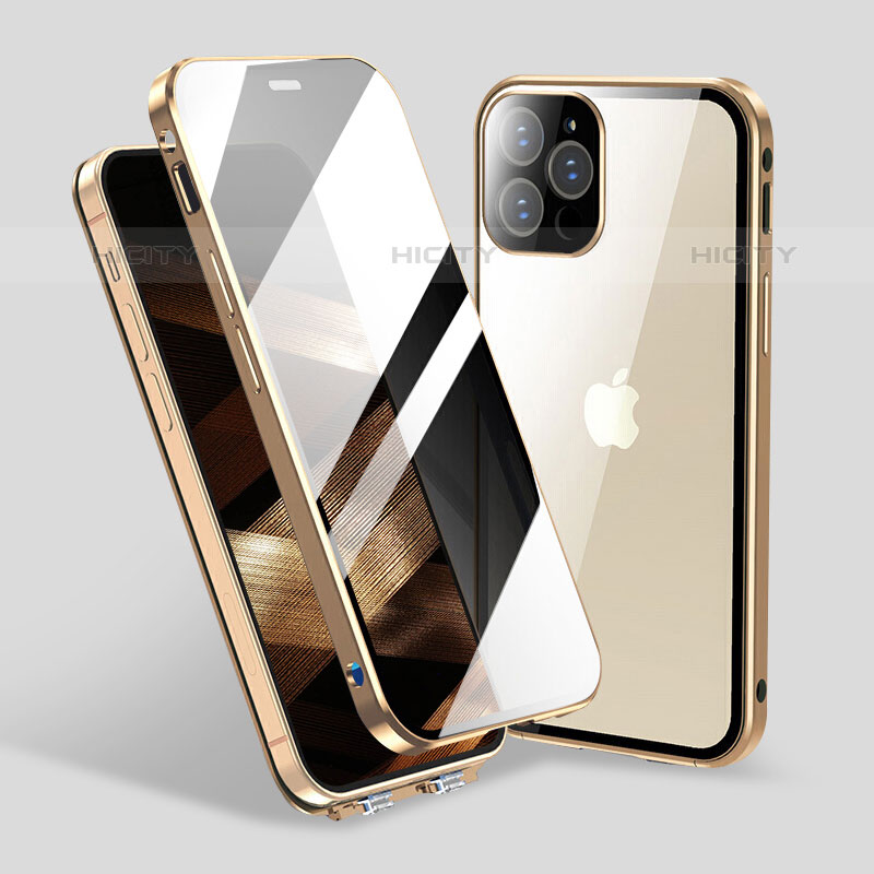 Handyhülle Hülle Luxus Aluminium Metall Rahmen Spiegel 360 Grad Ganzkörper Tasche M06 für Apple iPhone 16 Pro Max Gold