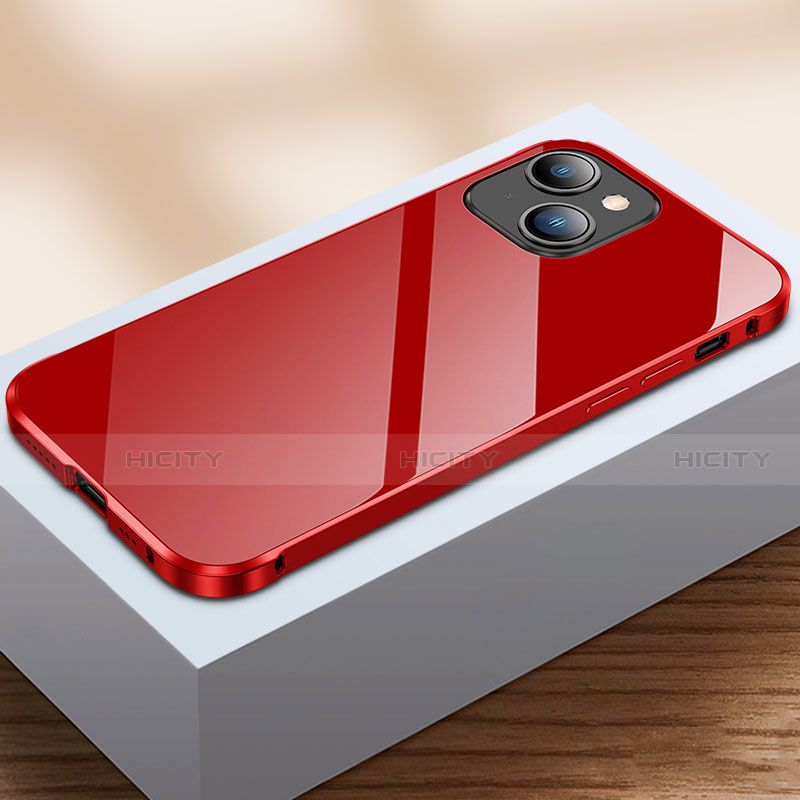 Handyhülle Hülle Luxus Aluminium Metall Rahmen Spiegel 360 Grad Ganzkörper Tasche M07 für Apple iPhone 13 Mini Rot