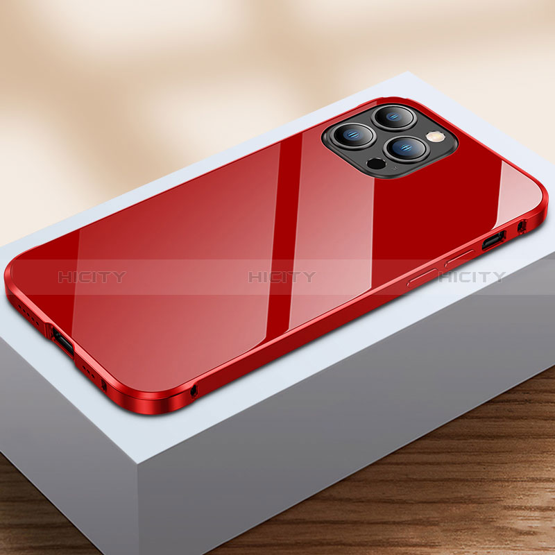 Handyhülle Hülle Luxus Aluminium Metall Rahmen Spiegel 360 Grad Ganzkörper Tasche M07 für Apple iPhone 14 Pro Rot Plus