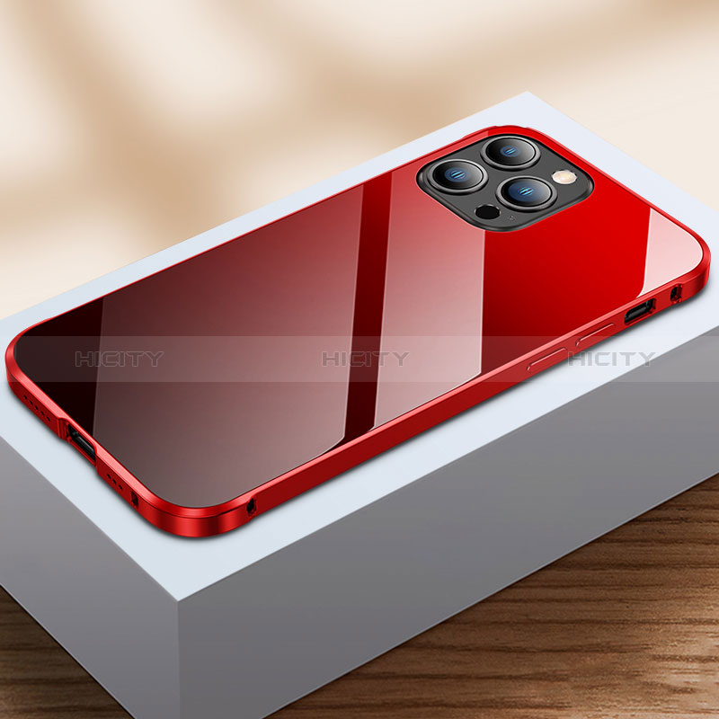 Handyhülle Hülle Luxus Aluminium Metall Rahmen Spiegel 360 Grad Ganzkörper Tasche M07 für Apple iPhone 14 Pro Rot und Schwarz Plus