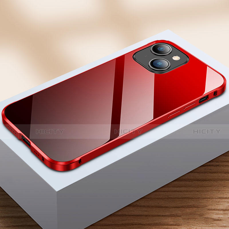 Handyhülle Hülle Luxus Aluminium Metall Rahmen Spiegel 360 Grad Ganzkörper Tasche M07 für Apple iPhone 14 Rot und Schwarz