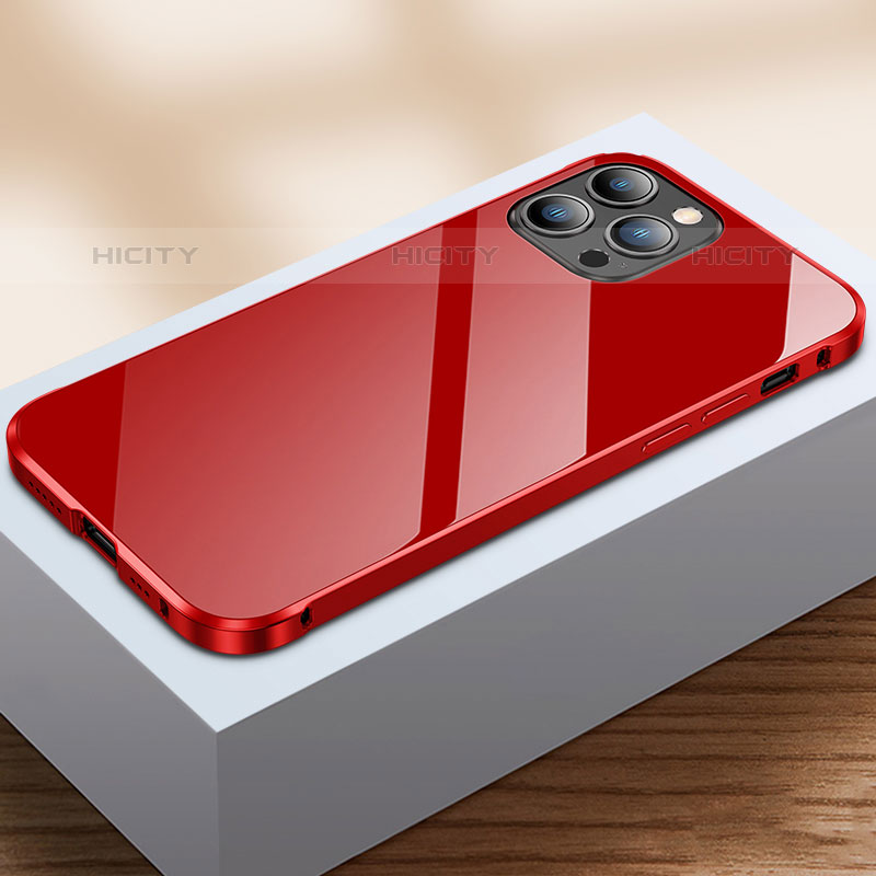 Handyhülle Hülle Luxus Aluminium Metall Rahmen Spiegel 360 Grad Ganzkörper Tasche M07 für Apple iPhone 15 Pro Rot Plus