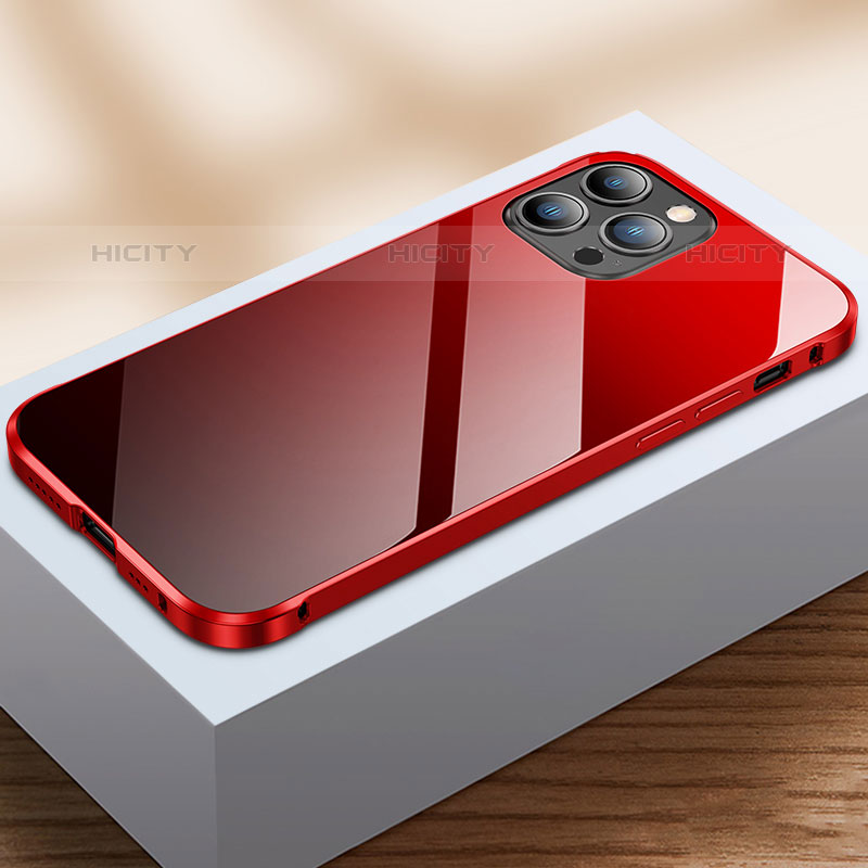 Handyhülle Hülle Luxus Aluminium Metall Rahmen Spiegel 360 Grad Ganzkörper Tasche M07 für Apple iPhone 15 Pro Rot und Schwarz