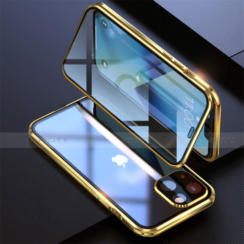 Handyhülle Hülle Luxus Aluminium Metall Rahmen Spiegel 360 Grad Ganzkörper Tasche M08 für Apple iPhone 13 Mini Gold Plus