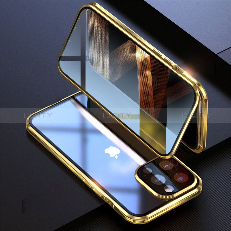 Handyhülle Hülle Luxus Aluminium Metall Rahmen Spiegel 360 Grad Ganzkörper Tasche M08 für Apple iPhone 14 Pro Gold Plus