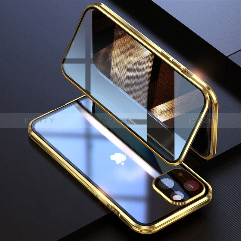 Handyhülle Hülle Luxus Aluminium Metall Rahmen Spiegel 360 Grad Ganzkörper Tasche M08 für Apple iPhone 15 Gold Plus