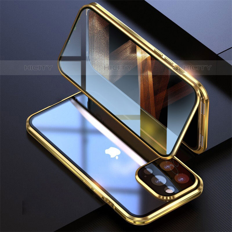 Handyhülle Hülle Luxus Aluminium Metall Rahmen Spiegel 360 Grad Ganzkörper Tasche M08 für Apple iPhone 15 Pro Max Gold