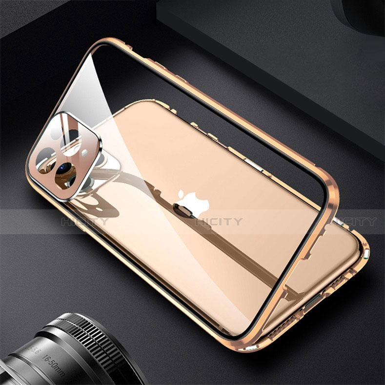 Handyhülle Hülle Luxus Aluminium Metall Rahmen Spiegel 360 Grad Ganzkörper Tasche M09 für Apple iPhone 13 Pro Gold