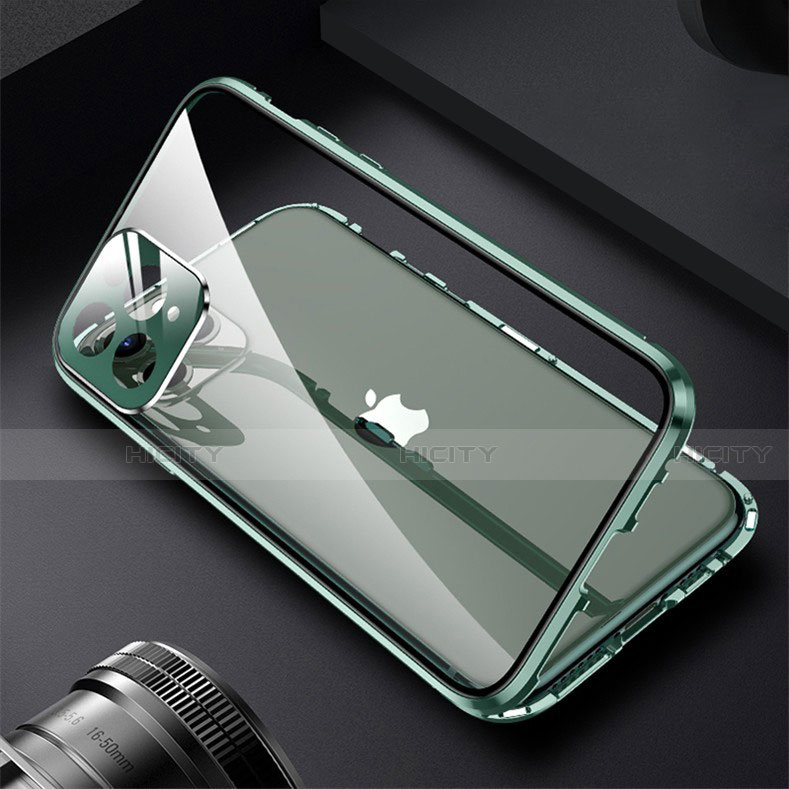 Handyhülle Hülle Luxus Aluminium Metall Rahmen Spiegel 360 Grad Ganzkörper Tasche M09 für Apple iPhone 13 Pro Grün