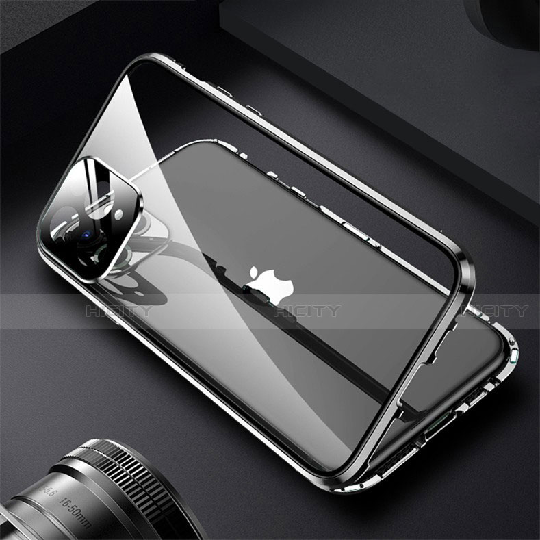 Handyhülle Hülle Luxus Aluminium Metall Rahmen Spiegel 360 Grad Ganzkörper Tasche M09 für Apple iPhone 13 Pro Max Schwarz