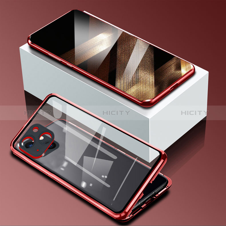 Handyhülle Hülle Luxus Aluminium Metall Rahmen Spiegel 360 Grad Ganzkörper Tasche M09 für Apple iPhone 15 Plus Rot Plus