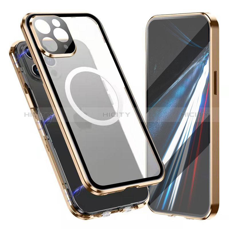 Handyhülle Hülle Luxus Aluminium Metall Rahmen Spiegel 360 Grad Ganzkörper Tasche mit Mag-Safe Magnetic Magnetisch für Apple iPhone 15 Pro Max Gold Plus