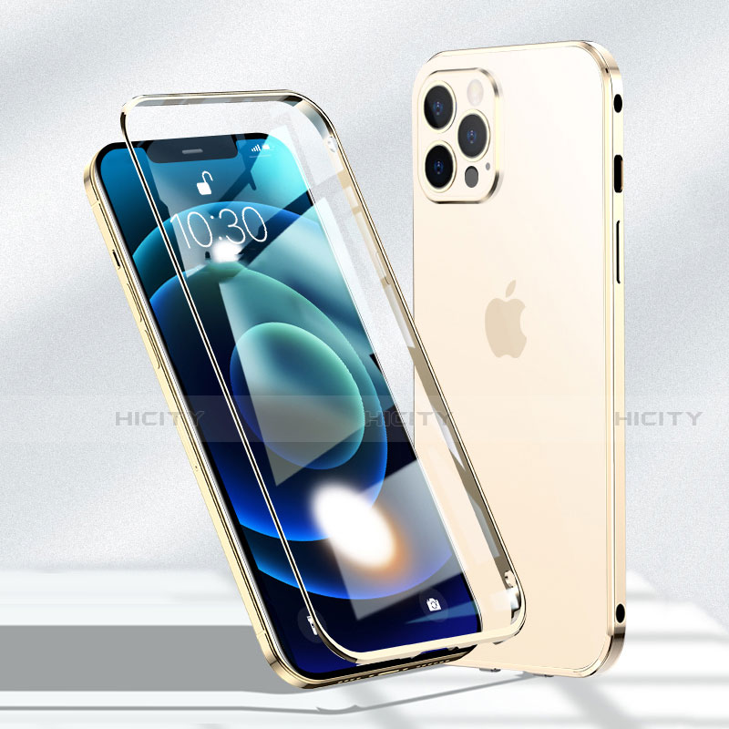 Handyhülle Hülle Luxus Aluminium Metall Rahmen Spiegel 360 Grad Ganzkörper Tasche N01 für Apple iPhone 12 Pro Gold