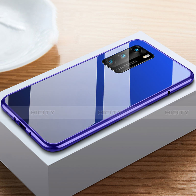 Handyhülle Hülle Luxus Aluminium Metall Rahmen Spiegel 360 Grad Ganzkörper Tasche N01 für Huawei P40 Blau Plus