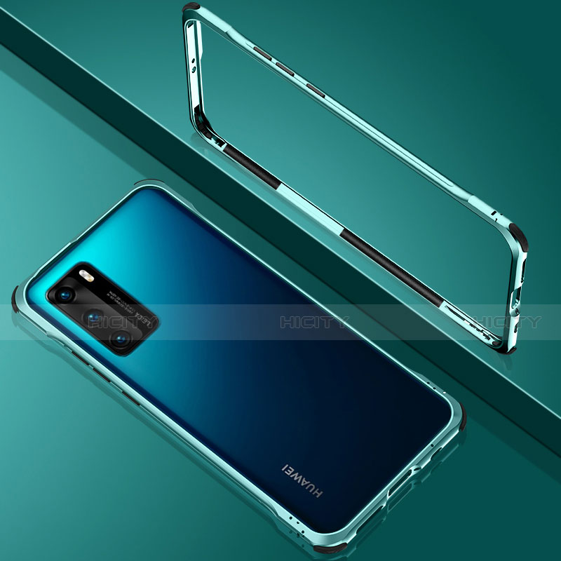 Handyhülle Hülle Luxus Aluminium Metall Rahmen Spiegel 360 Grad Ganzkörper Tasche N02 für Huawei P40 Cyan