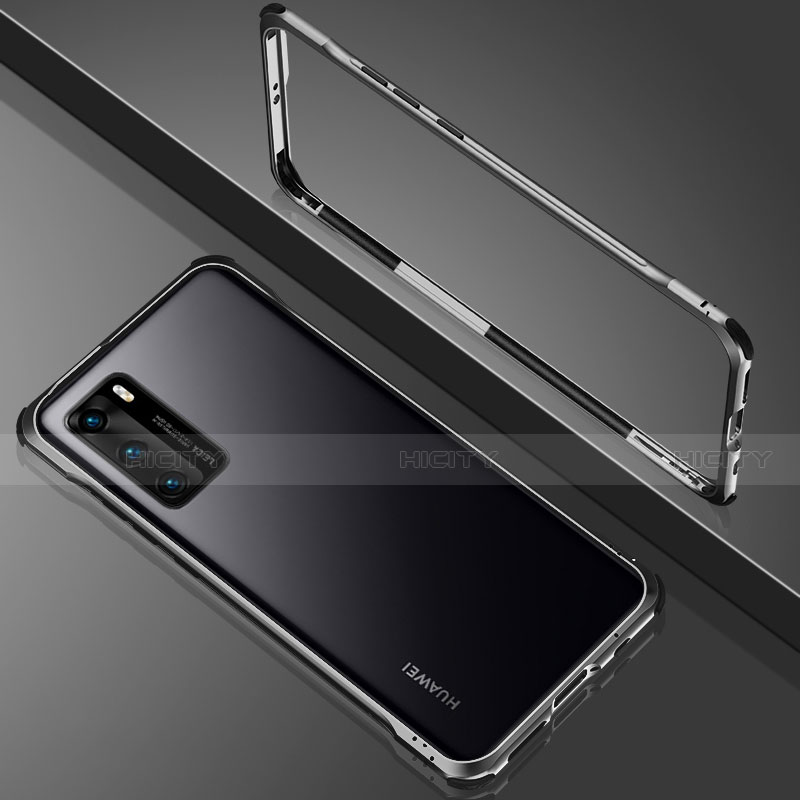 Handyhülle Hülle Luxus Aluminium Metall Rahmen Spiegel 360 Grad Ganzkörper Tasche N02 für Huawei P40 Schwarz