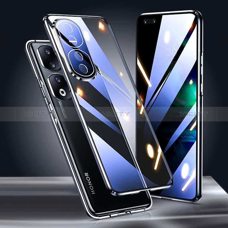 Handyhülle Hülle Luxus Aluminium Metall Rahmen Spiegel 360 Grad Ganzkörper Tasche P01 für Huawei Honor 90 Pro 5G Schwarz